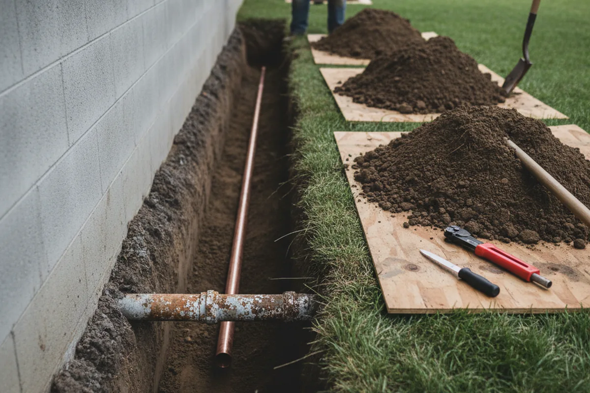 Excavated water line trench during Sewer Line Repair in Franklin